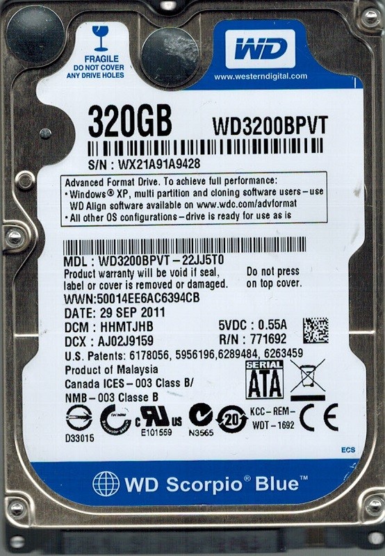 Western Digital WD3200BPVT-22JJ5T0 320GB DCM: HHMTJHB