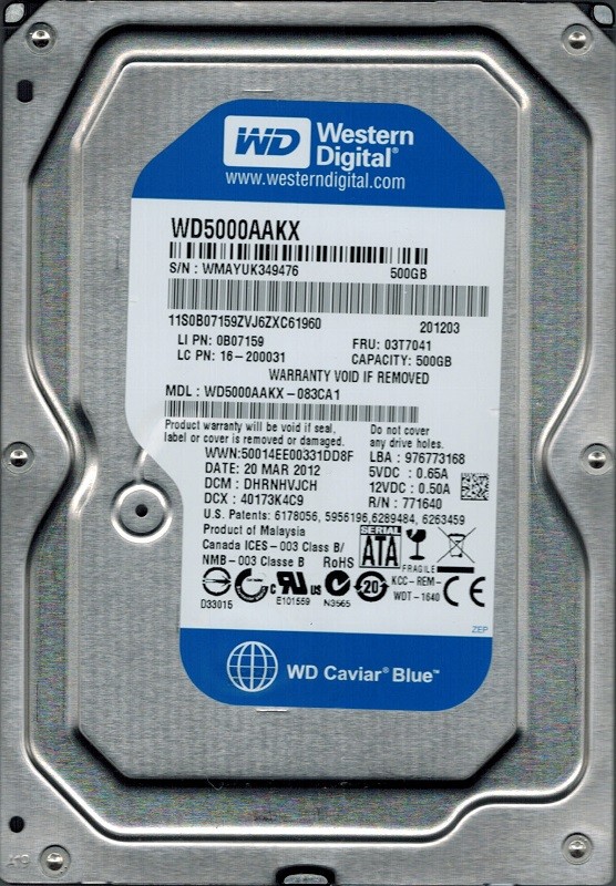 WD5000AAKX-083CA1 Western Digital DCM: DHRNHVJCH 500GB