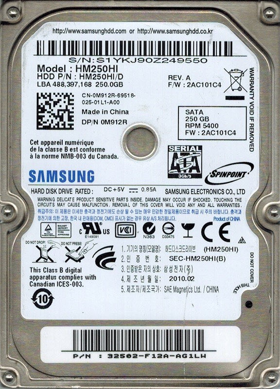 Samsung HM250HI/D SPINPOINT P/N: 32502-F12A-AG1LW F/W: 2AC101C4 250GB