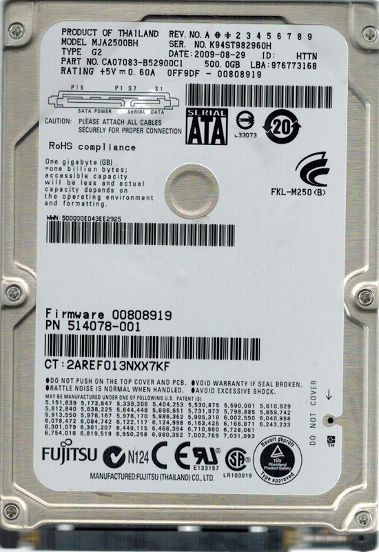 Fujitsu MJA2500BH P/N: CA07083-B52900C1 500GB DATE: 2009-08-29