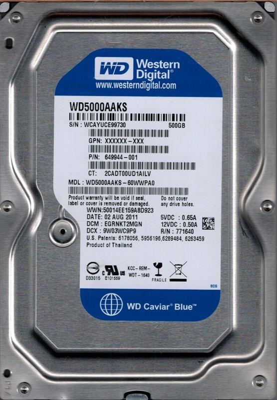 Western Digital WD5000AAKS-60WWPA0  DCM: EGRNKT2MGN 500GB
