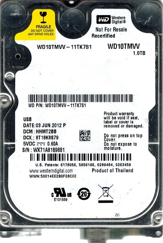 Western Digital WD10TMVV-11TK7S1 USB 2.0 1TB DCM: HHMT2BB