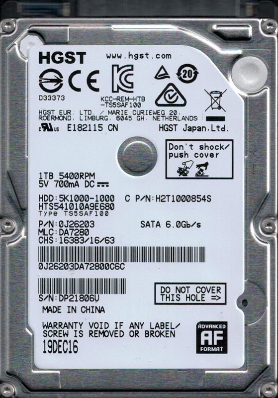 HTS541010A9E680 MLC: DA7280 P/N: 0J26203 HGST 1TB