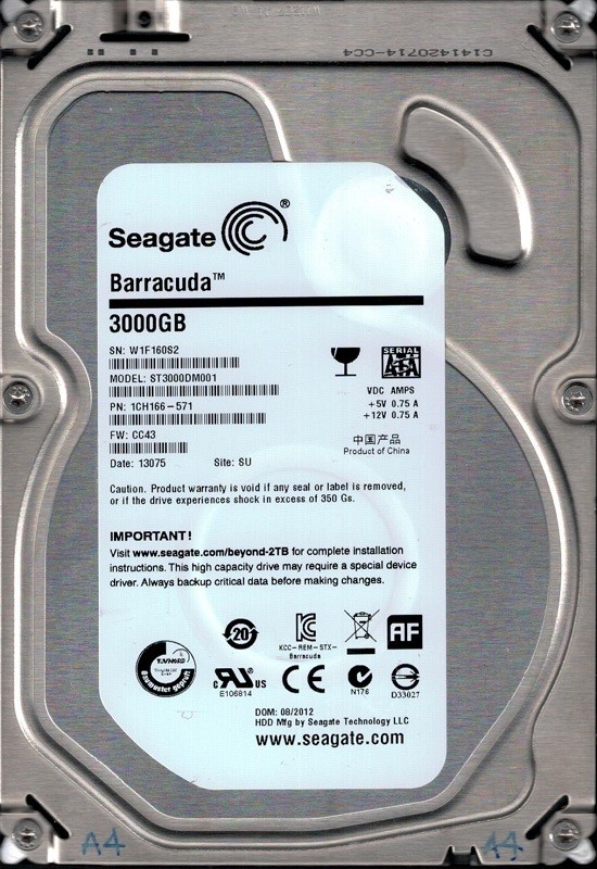 Seagate ST3000DM001 P/N: 1CH166-571 F/W: CC43 SU W1F 3TB Desktop HDD