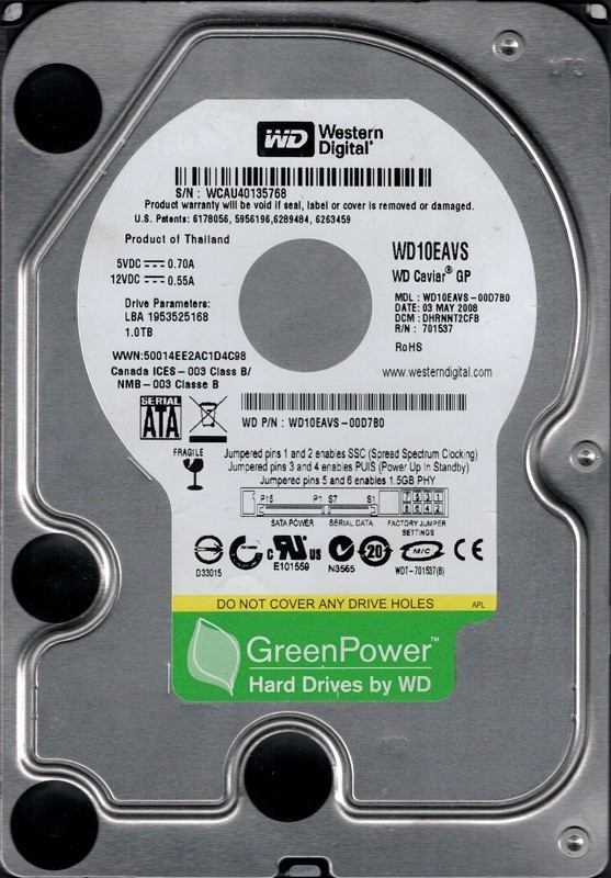 Western Digital WD10EAVS-00D7B0 DCM: DHRNNT2CFB 1TB