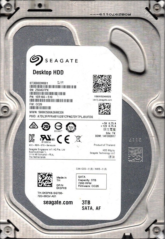 ST3000DM001 P/N: 1ER166-510 F/W: CC26 TK Z50 Seagate 3TB Desktop HDD