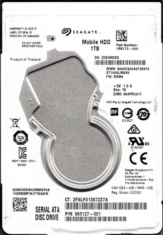 ST1000LM035 P/N: 1RK172-020 F/W: RSM4 TK ZDE Seagate Mobile HDD 1TB