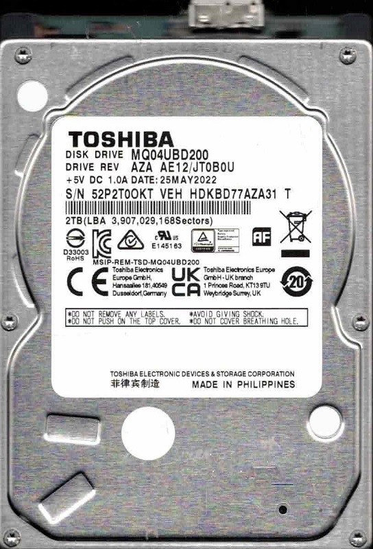 MQ04UBD200 AZA AE12/JT0B0U HDKBD77AZA31 T MAY 2022 Toshiba 2TB
