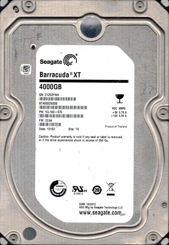 ST4000DX000 P/N: 1CL160-570 F/W: CC44 TK Z1Z 10/2012 Seagate 4TB