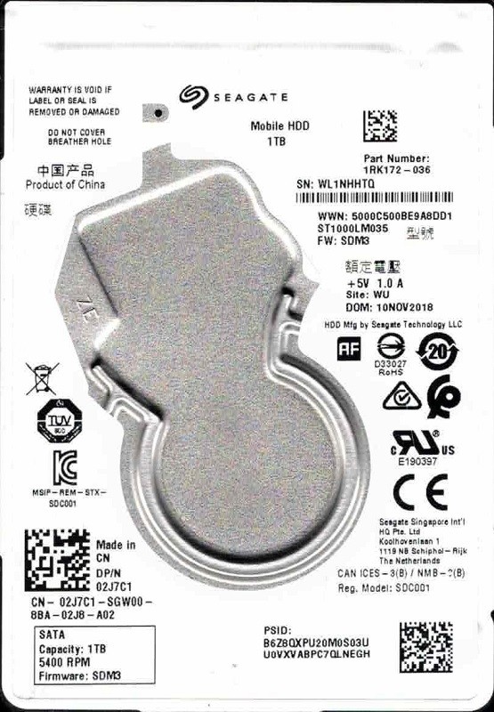 ST1000LM035 P/N: 1RK172-036 F/W: SDM3 WU WL1N NOV 2018 Seagate 1TB Mobile HDD