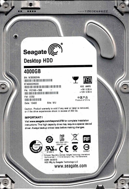 ST4000DM000 P/N: 1F2168-568 F/W: CC52 WU W300 04/2013 Seagate 4TB
