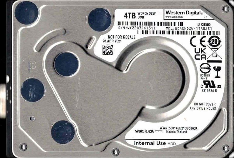 WD40NDZW-11A8JS1 USB 3.0 WX22D APR 2021 Thailand 4TB Western Digital