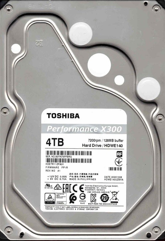 X300 HDWE140 P/N: HDETR11ZPA31 F/W: FP1R 10/2020 Toshiba 4TB