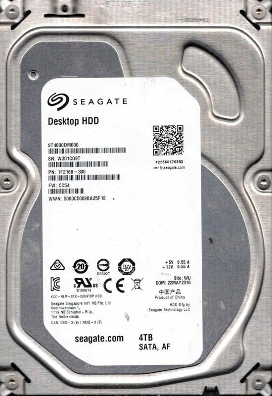 ST4000DM000 P/N: 1F2168-300 F/W: CC54 WU W301 MAY 2016 Seagate 4TB