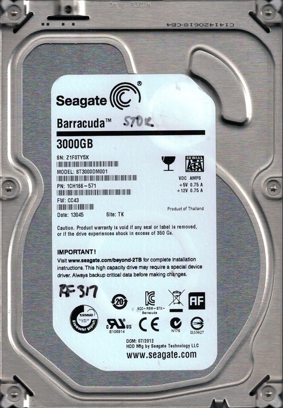 Seagate ST3000DM001 P/N: 1CH166-571 F/W: CC43 3TB TK Z1F Desktop Hard Drive