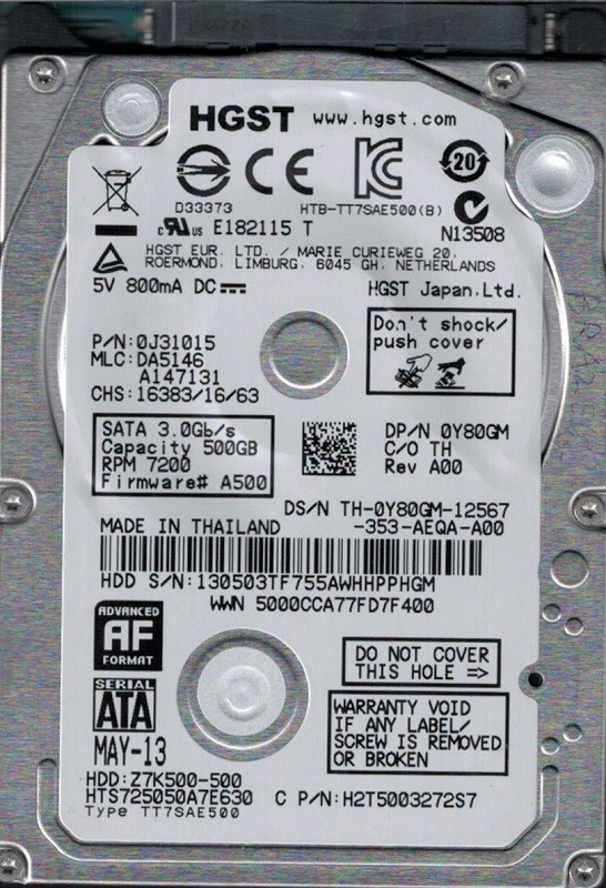 HGST HTS725050A7E630 P/N: 0J31015 MLC: DA5146 500GB