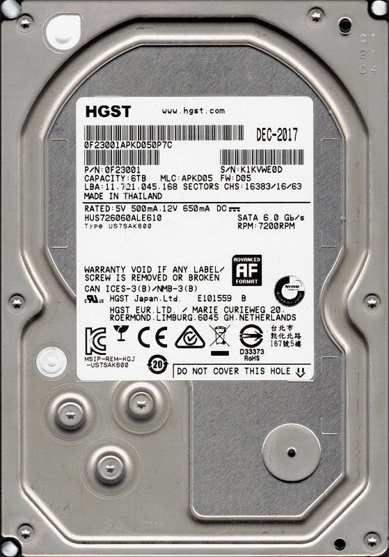 HUS726060ALE610 P/N: 0F23001 MLC: APKD05 Thailand 6TB HGST