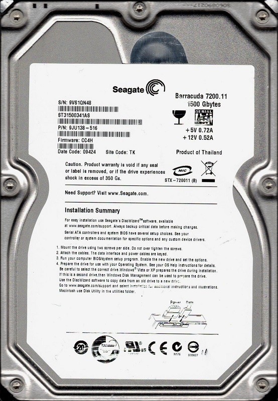 Seagate ST31500341AS P/N: 9JU138-516 F/W: CC4H 1.5TB TK 9VS Desktop Hard Drive
