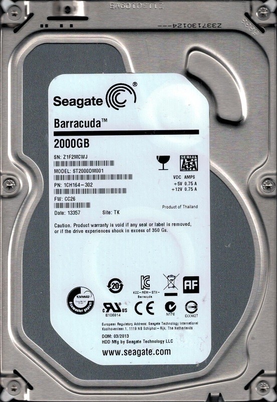 ST2000DM001 F/W: CC26 P/N: 1CH164-302 TK Z1F Seagate 2TB