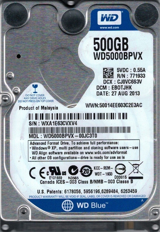 WD5000BPVX-00JC3T0 DCM: EBOTJHK WXA1E Western Digital 500GB