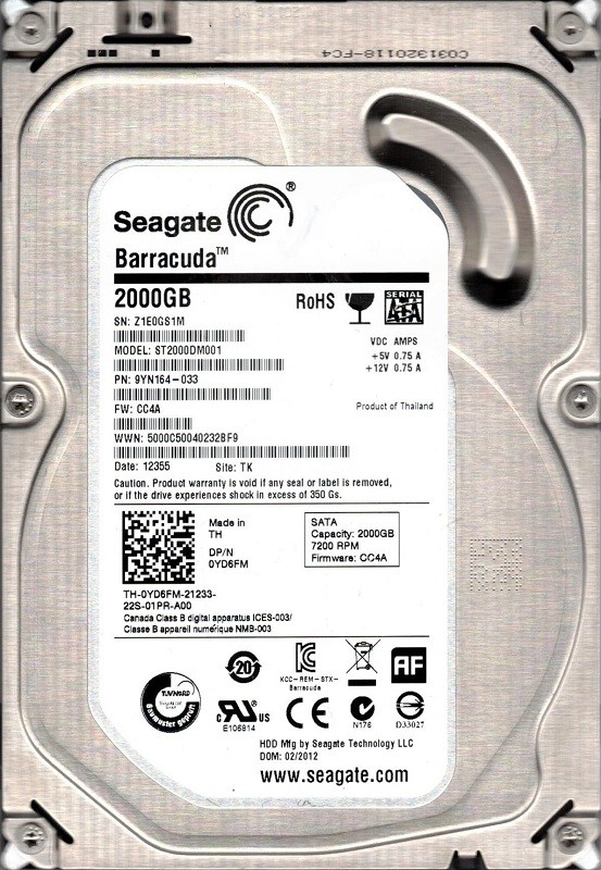 ST2000DM001 P/N: 9YN164-033 F/W: CC4A TK Z1E0 Seagate Barracuda 2TB