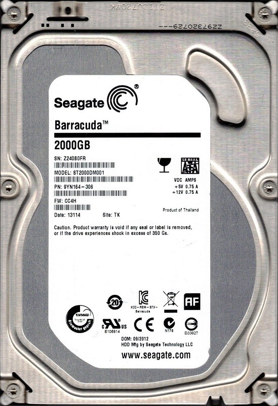 ST2000DM001 P/N: 9YN164-306 F/W: CC4H TK Z24 Seagate Barracuda 2TB