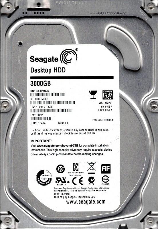Seagate ST3000DM003 F/W: CC52 P/N: 1F216N-568 3TB TK Z30