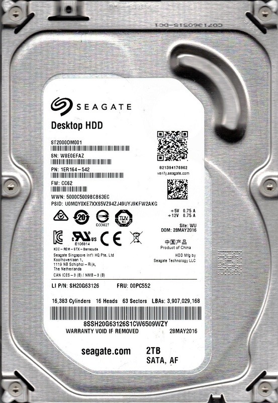 ST2000DM001 P/N: 1ER164-542 F/W: CC62 WU W8E Seagate 2TB