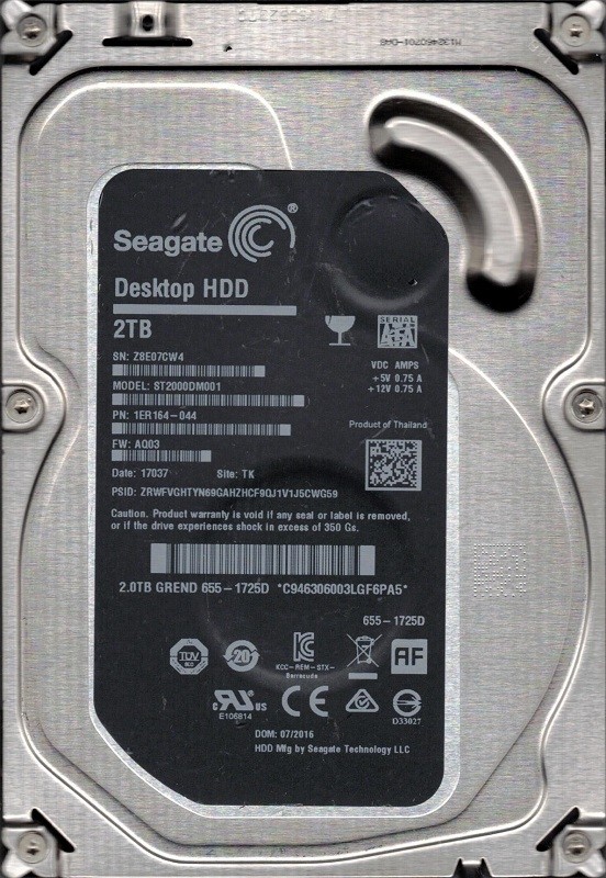 ST2000DM001 P/N: 1ER164-044 F/W: AQ03 TK Z8E MAC 655-1725D 2TB Seagate
