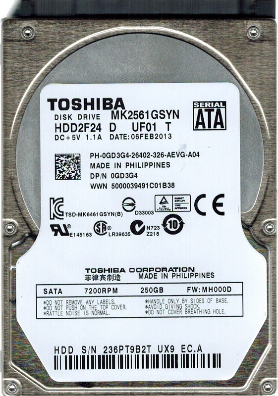 Toshiba MK2561GSYN HDD2F24 D UF01 T 250GB F/W: MH000D