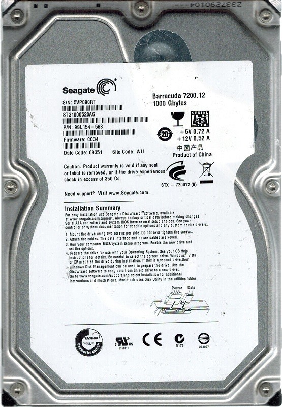 Seagate ST31000528AS F/W: CC34 P/N: 9SL154-568 WU 5VP 1TB