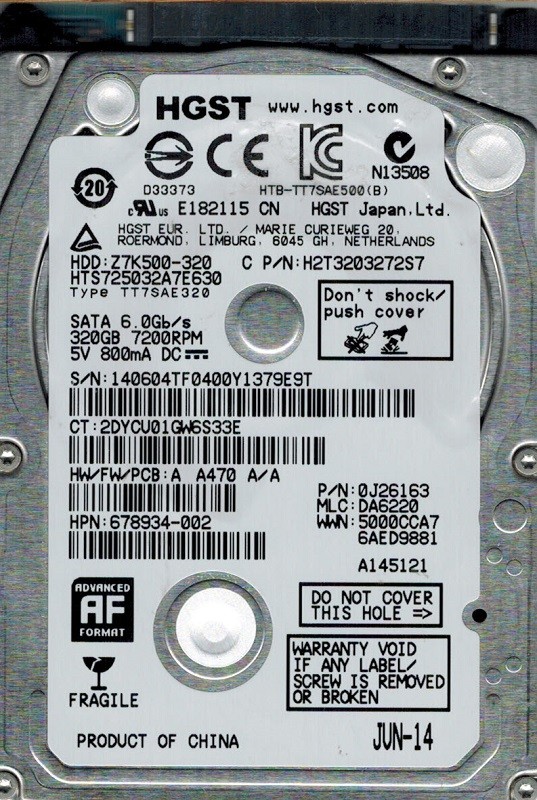 Hitachi HTS725032A7E630 P/N: 0J26163 MLC: DA6220 320GB