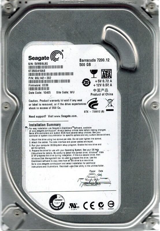 Seagate ST3500418AS P/N: 9SL142-302 500GB F/W: CC38 WU