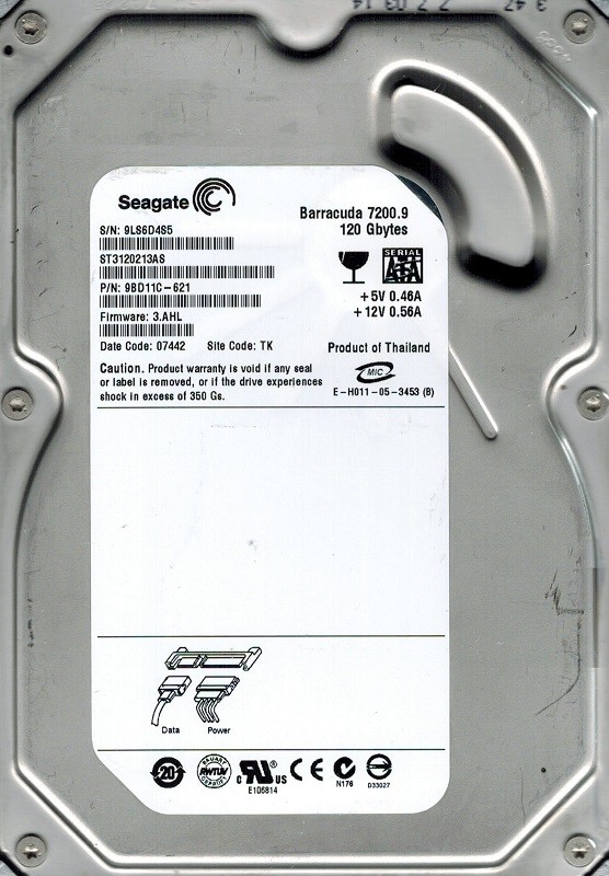 Seagate ST3120213AS P/N: 9BD11C-621 F/W: 3.AHL 120GB TK