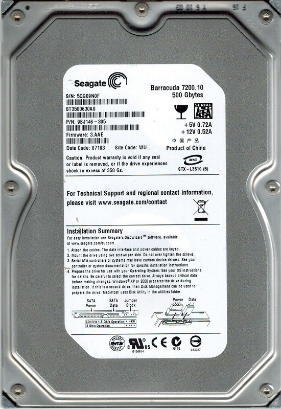 Seagate ST3500630AS F/W: 3.AAE P/N: 9BJ146-305 WU 5QG 500GB