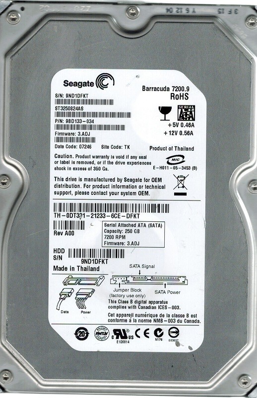 Seagate ST3250824AS F/W: 3.ADJ P/N: 9BD133-034 TK 250GB