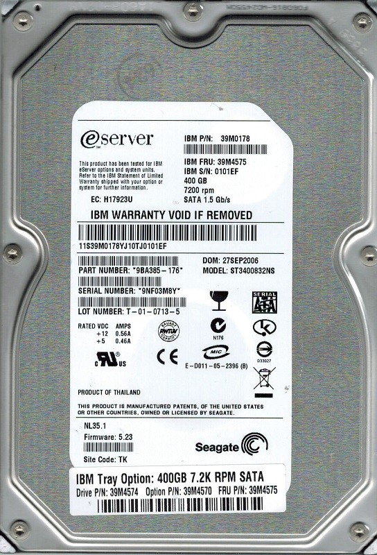 Seagate ST3400832NS P/N: 9BA385-176 F/W: 5.23 400GB TK