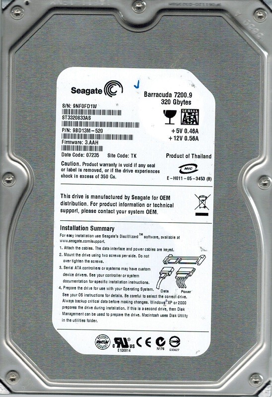 Seagate ST3320833AS P/N: 9BD13M-520 F/W: 3.AAH TK 320GB