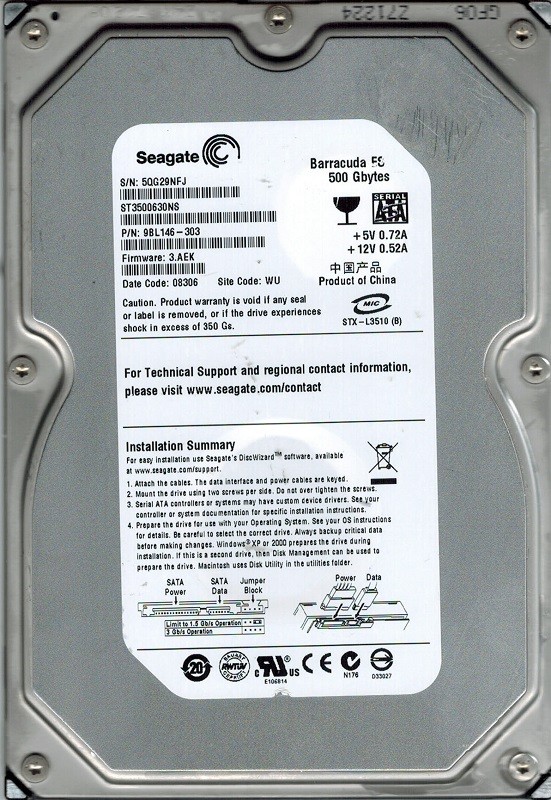 Seagate ST3500630NS P/N: 9BL146-303 500GB F/W: 3.AEK WU