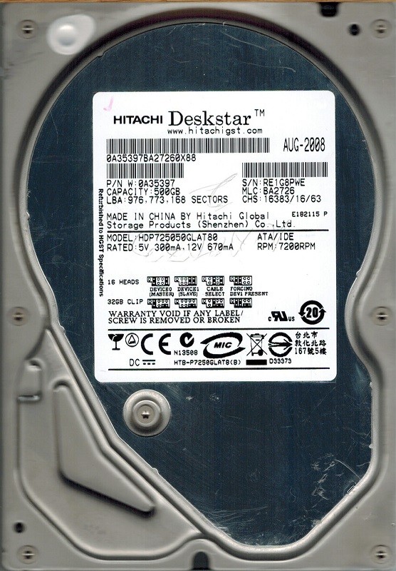 Hitachi HDP725050GLAT80 P/N: 0A35397 MLC: BA2726 500GB SATA