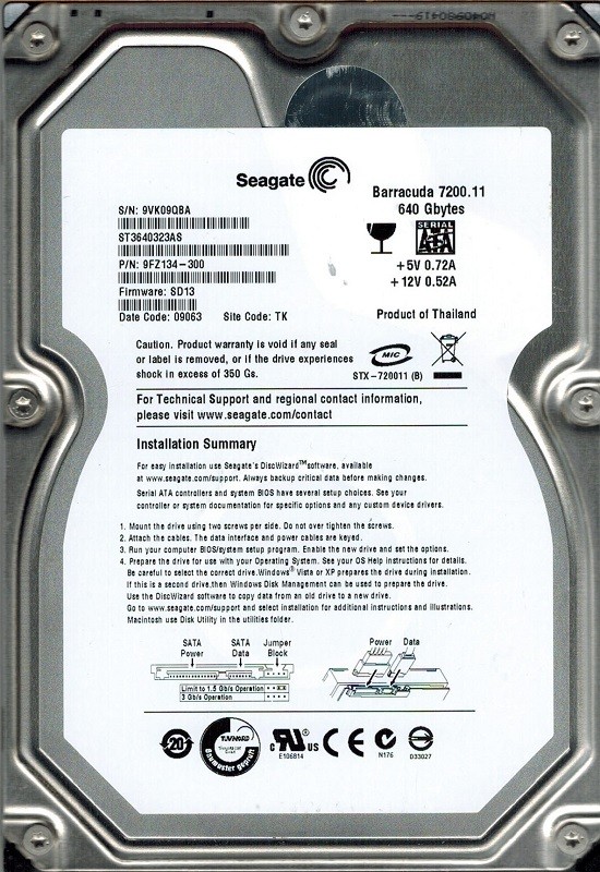 Seagate ST3640323AS P/N: 9FZ134-300 F/W: SD13 640GB TK
