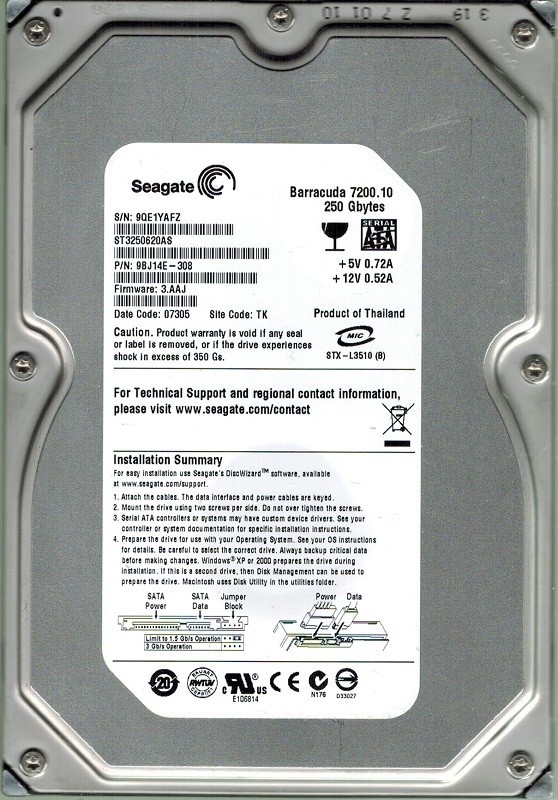 Seagate ST3250620AS 250GB P/N: 9BJ14E-308 F/W: 3.AAJ TK