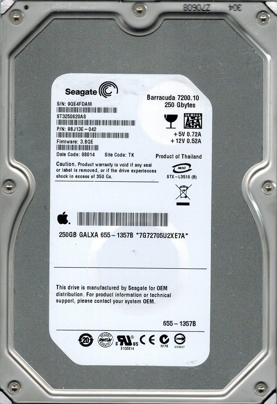 Seagate ST3250820AS P/N:9BJ13E-042 F/W: 3.BQE 250GB TK