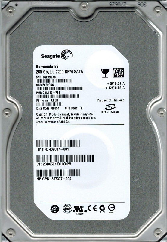 Seagate ST3250620NS P/N: 9BL14E-783 250GB F/W: 3.BJH TK