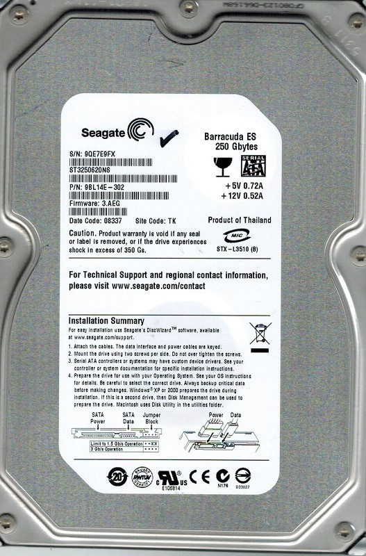 Seagate ST3250620NS P/N: 9BL14E-302 F/W: 3.AEG 250GB TK
