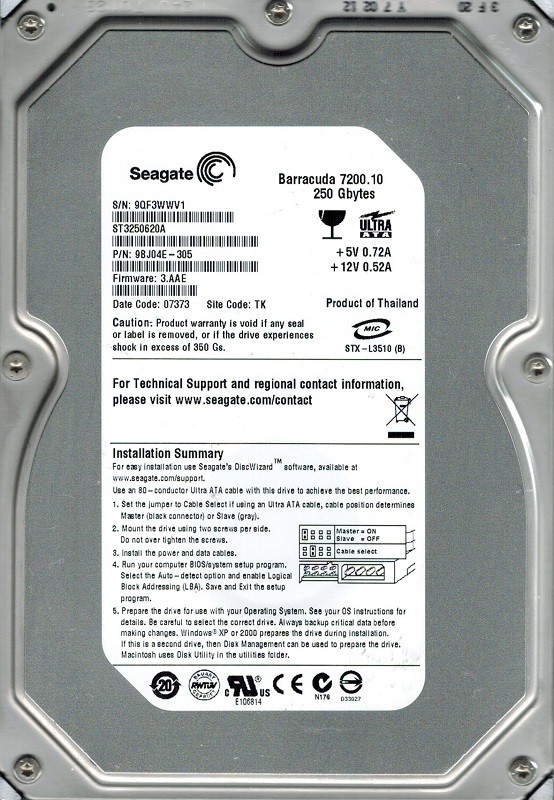 Seagate ST3250620A P/N: 9BJ04E-305 F/W: 3.AAE 250GB TK