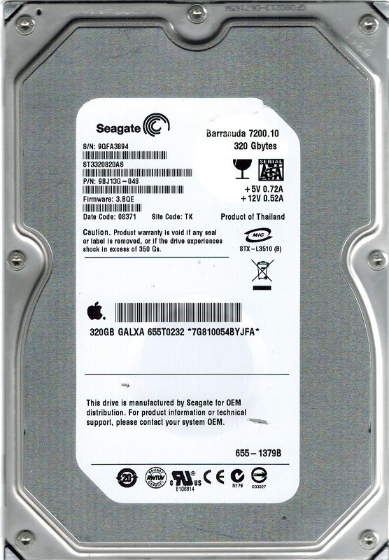 ST3320820AS Seagate MAC F/W: 3.BQE P/N: 9BJ13G-048 TK 320GB APPLE