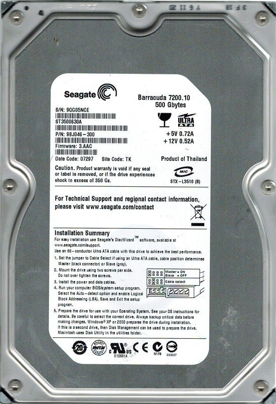 Seagate ST3500630A P/N: 9BJ046-300 F/W: 3.AAC TK 500GB