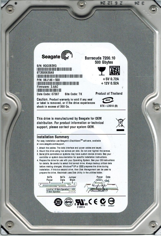 Seagate ST3500630AS P/N: 9BJ146-500 F/W: 3.AAC 500GB TK