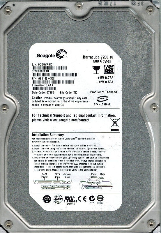 Seagate ST3500630AS P/N: 9BJ146-308 F/W: 3.AAK 500GB TK